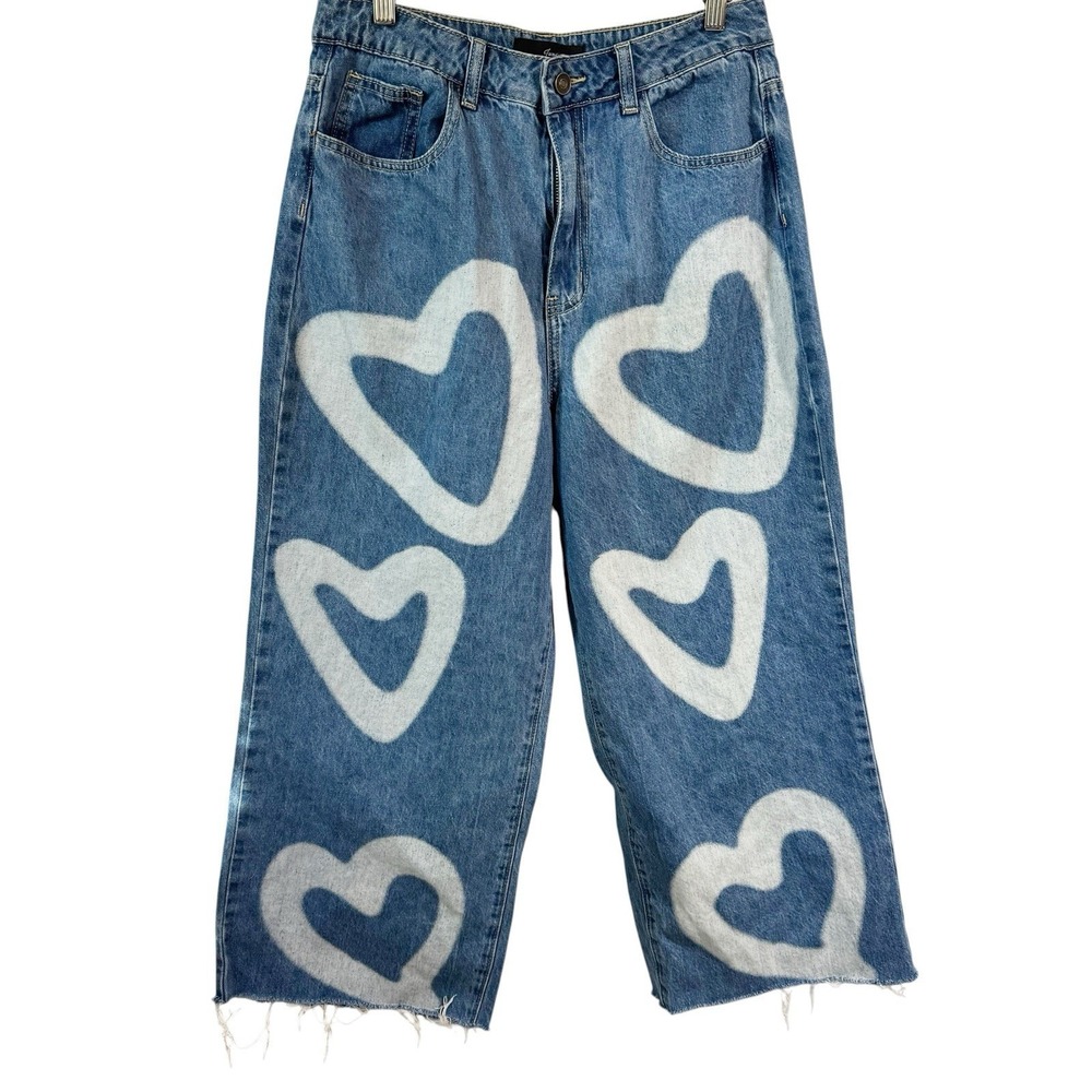 Juny High Waist Wide Leg Graffiti Heart Denim Jeans Size Large EXCELLENT
